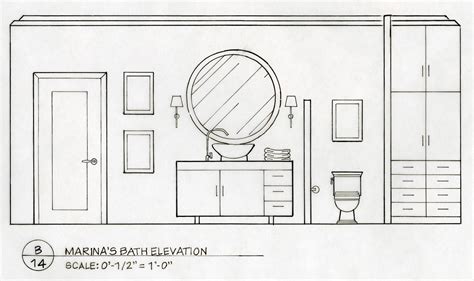 A Drawing Of A Bathroom With Cabinets And A Mirror On The Wall Next To It