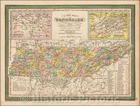Historic Map Tennessee With Its Roads And Distances From Palce To Place