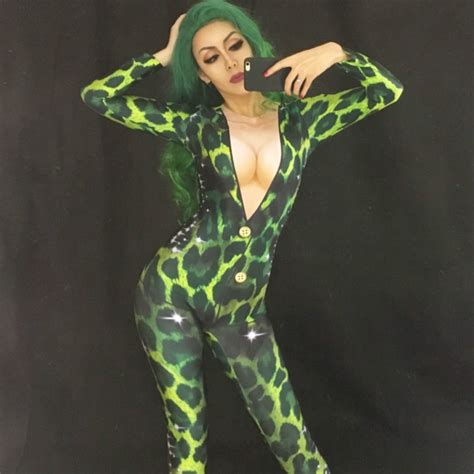 Green Leopard Women Stage Jumpsuit 3d Print Nightclub Party Bodysuit Stage Wear Singer Dancer