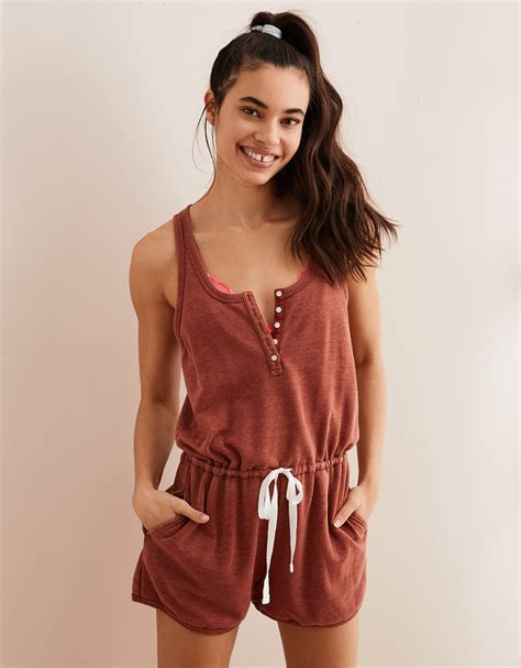 Aerie Washed Henley Fleece Romper American Eagle American Eagle