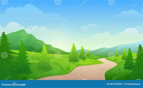 Footpath Through The Beautiful Hills And Pine Forests Cartoon Landscape