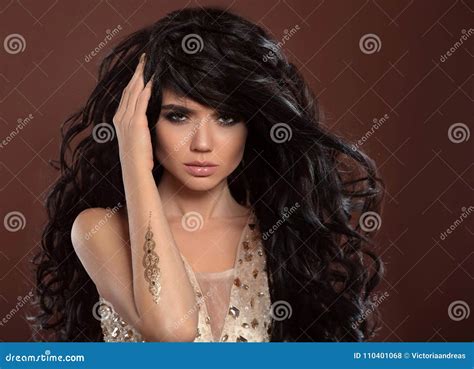 Beauty Hair Beautiful Brunette Model Girl With Shiny Long Curly Stock