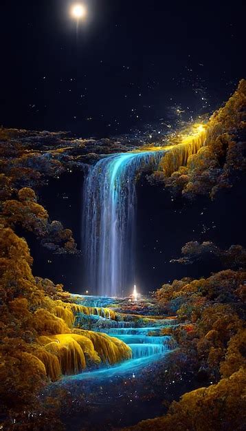 Premium Ai Image Waterfall At Night With A Full Moon In The Sky