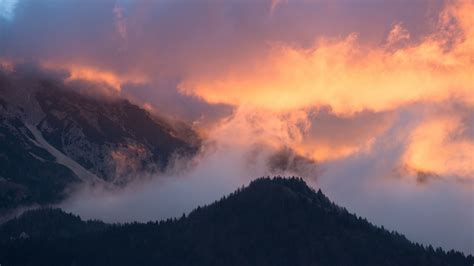 Mountains Fog Sky Trees Sunset 4k Hd Wallpaper