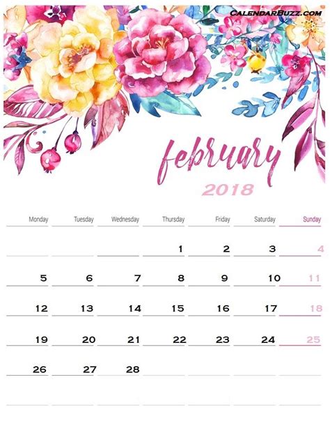 February 2018 Floral Calendar Monthly Desk Calendar Calendar 2018