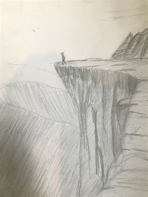 A Pencil Drawing Of A Man Standing On Top Of A Cliff Looking At The Sky