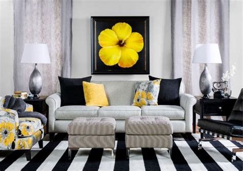 Contemporary living room with black, white and yellow ...