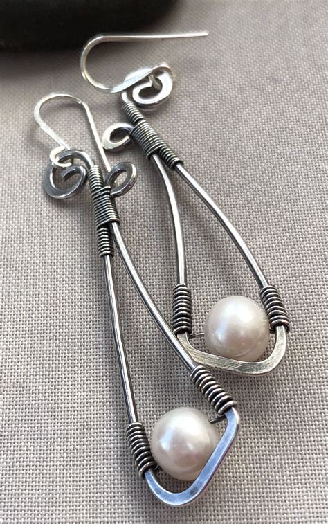 Oxidized Silver Wire Earrings With Pearl Pearl Earrings Long Silver
