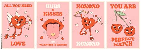 Groovy Lovely Hearts Retro Posters Set Love Concept Happy Valentines