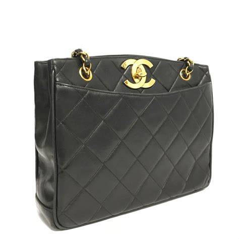 Chanel Vintage Black Quilted Lambskin Leather Tote Shoulder Bag