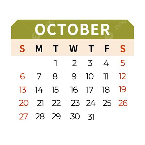 أكتوبر 2024 التقويم الأخضر أسلوب بسيط المتجه 2024 تقويم بسيط Png