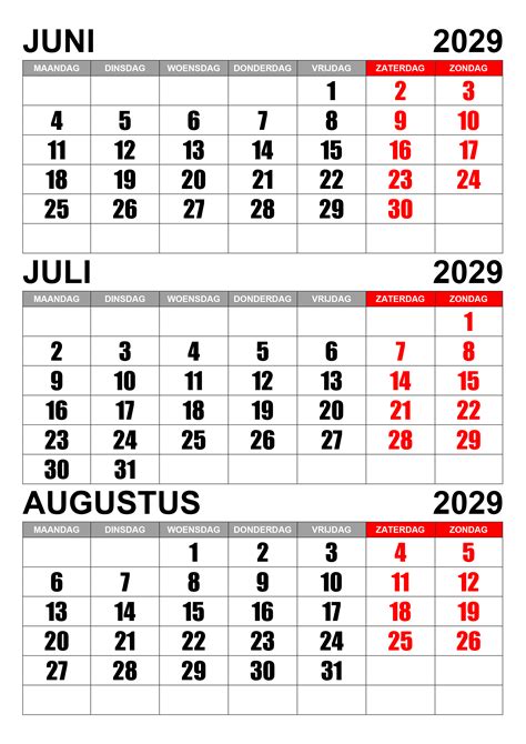 Kalender Juni Juli Augustus 2029