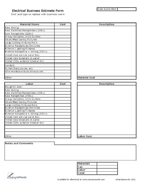 Download the electrician invoice template, which lets electricians formally request payments for their services. Electrical Business Estimate Form