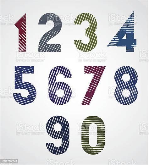 Colored Striped Numbers With Diagonal Lines On White Background Stock