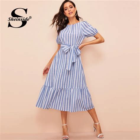 Sheinside Elegant Vertical Stripe Midi Dress Women 2019 Summer Lantern