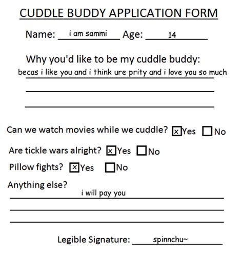 We did not find results for: Cuddle Buddy application form by Spinnchu on DeviantArt