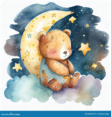 Watercolor Cartoon Of Happy Cute Baby Bear With Moon And Stars Stock