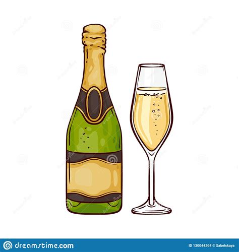 Vector Illustration Of Champagne In Close Bottle And Wineglass In Sketch Style Stock Vector
