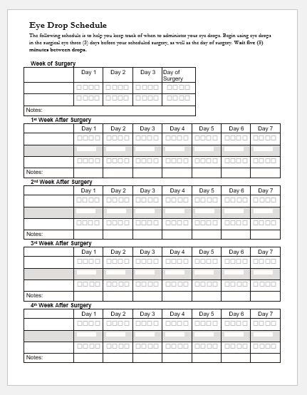 Eye Drop Schedule Sheet Template Printable Medical Forms Letters And Sheets In 2021 Cataract