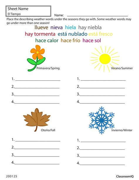 Weather And Seasons In Spanish Spanishworksheets Classroomiq