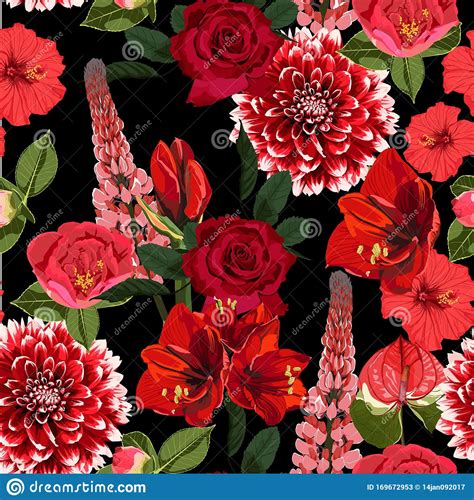 The traditional russian floral pattern (red and yellow on black). Seamless Floral Pattern With Many Kind Of Red Flowers ...