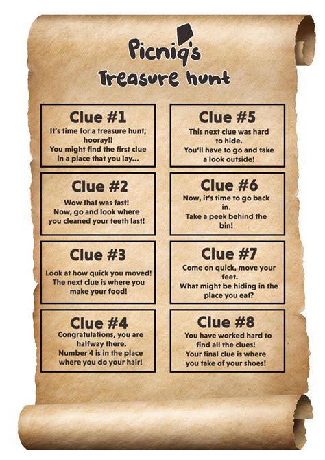 There are five clues included in this birthday scavenger hunt along with tips for each clue. Treasure hunt clues printable - Picniq Blog