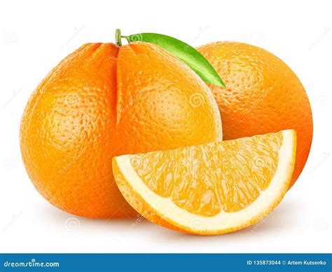 Isolated Oranges Two Whole Orange Fruit And Piece With Leaf Isolated