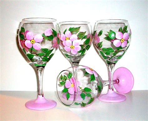 Bridesmaids Ts Hand Painted Pink Flower Wine Glasses Set Of