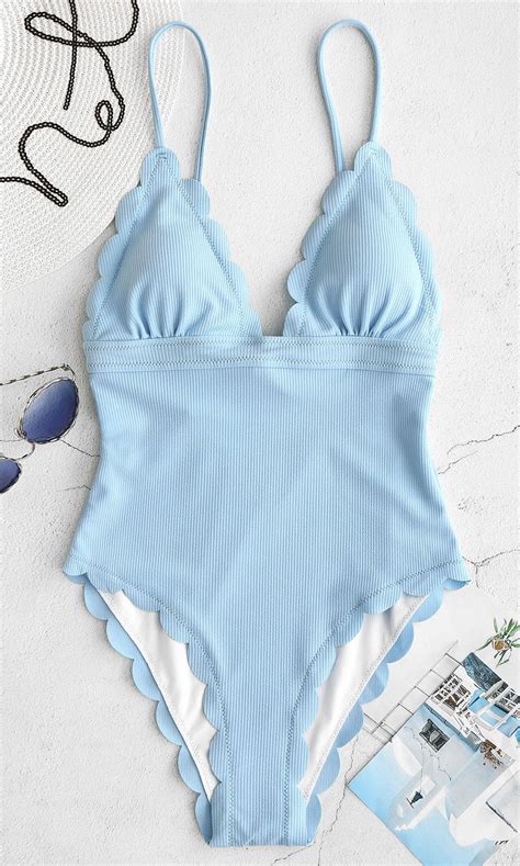Ribbed Scalloped Backless Swimsuit Light Sky Blue Style Sexy