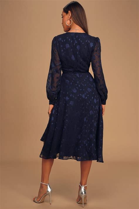 Evening Of Elegance Navy Blue Floral Jacquard Wrap Midi Dress Long