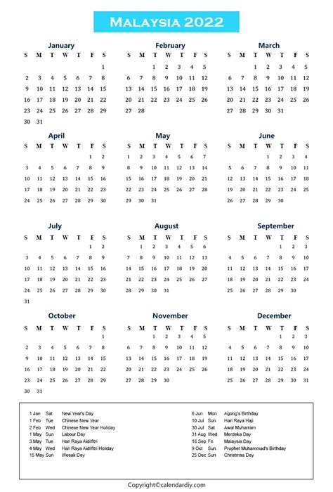 Malaysia Calendar January 2022 Clipart