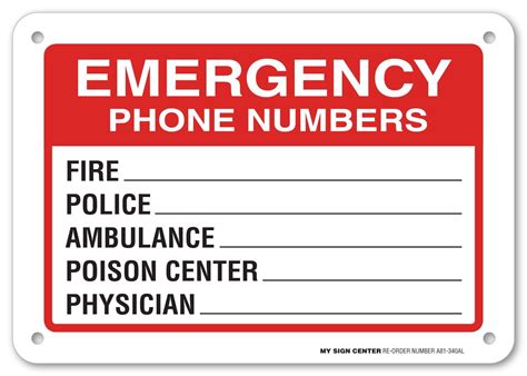 Emergency Phone Numbers Safety Sign Fire Police Ambulance Poison