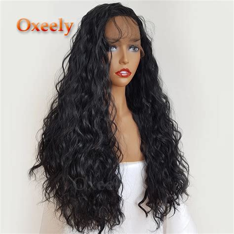 Oxeely Black Loose Water Wave Curly Synthetic Lace Front Wig Heat