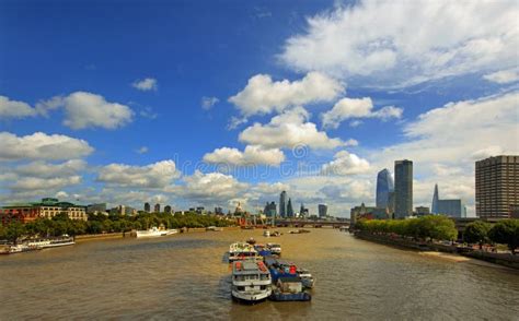 Wide Angle View Of The River Thames In London With Various Iconic