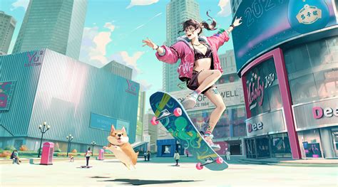 Skyline Anime Girl Skateboard With Dog Hd Artist 4k Wallpapers