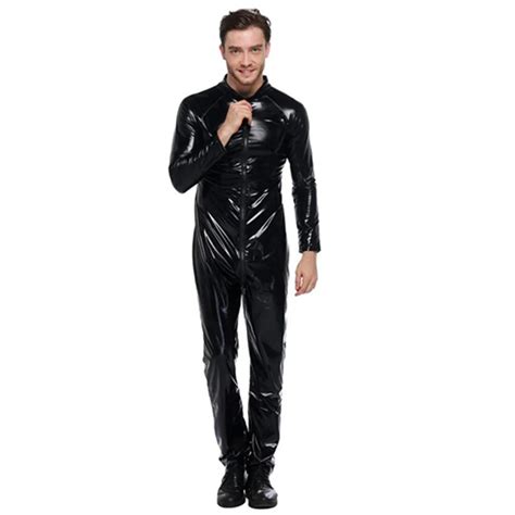 men erotic bodysuit black sexy wetlook faux leather zipper open stretch tight erotic catsuit