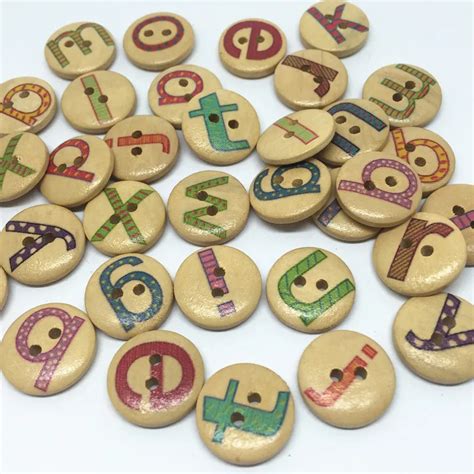 1000pcs A Z Letter Alphabet Pattern Wooden Buttons 15mm Natural Mixed 2