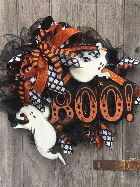 Boo Ghost Halloween Wreath With Hat And Brooms Super Cute And Etsy