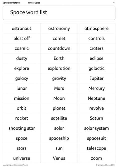 Springboard Stories Space Word List