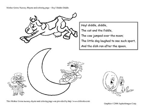 Hey, Diddle Diddle Nursery Rhyme and Coloring Page Worksheet for Pre-K