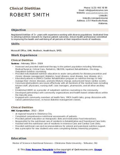 Nursing resume free template download. Clinical Dietitian Resume Samples | QwikResume