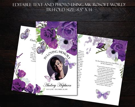 Memorial Template Funeral Program Template Microsoft Word Purple Roses