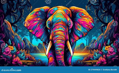 Psychedelic Trippy Elephant Cartoon 70s Rave Style Acid Color