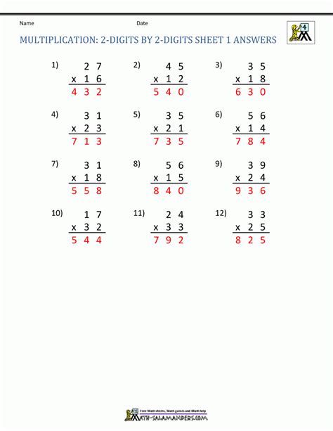 Multiplication Sheet With Answers