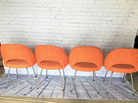 Mid Century Modern Orange Upholstered Dining Chairs Chrome Legs