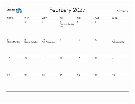 Printable February 2027 Monthly Calendar With Holidays For Germany