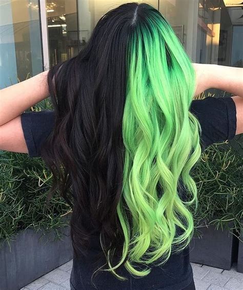 Split Haircolor Black And Neon Green Hair Styles Perfect Hair Color