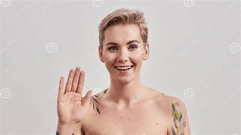 Happy To See You Portrait Of Cheerful Half Naked Tattooed Woman With