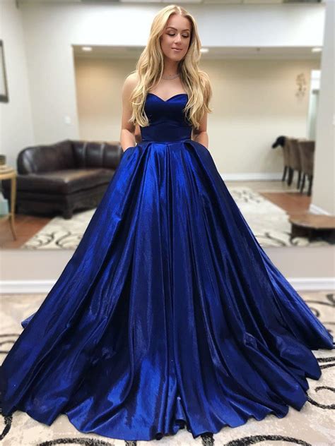 Sweetheart Neck Floor Length Blue Prom Gown With Pockets Long Blue