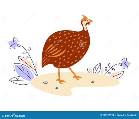 Guinea Fowl In Nature Vector Illustration In Flat Cartoon Style Stock